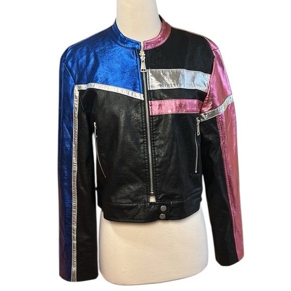 Urban Outfitters Metallic Moto Faux Leather Pink, Blue, Silver Jacket sz Large - Picture 1 of 16